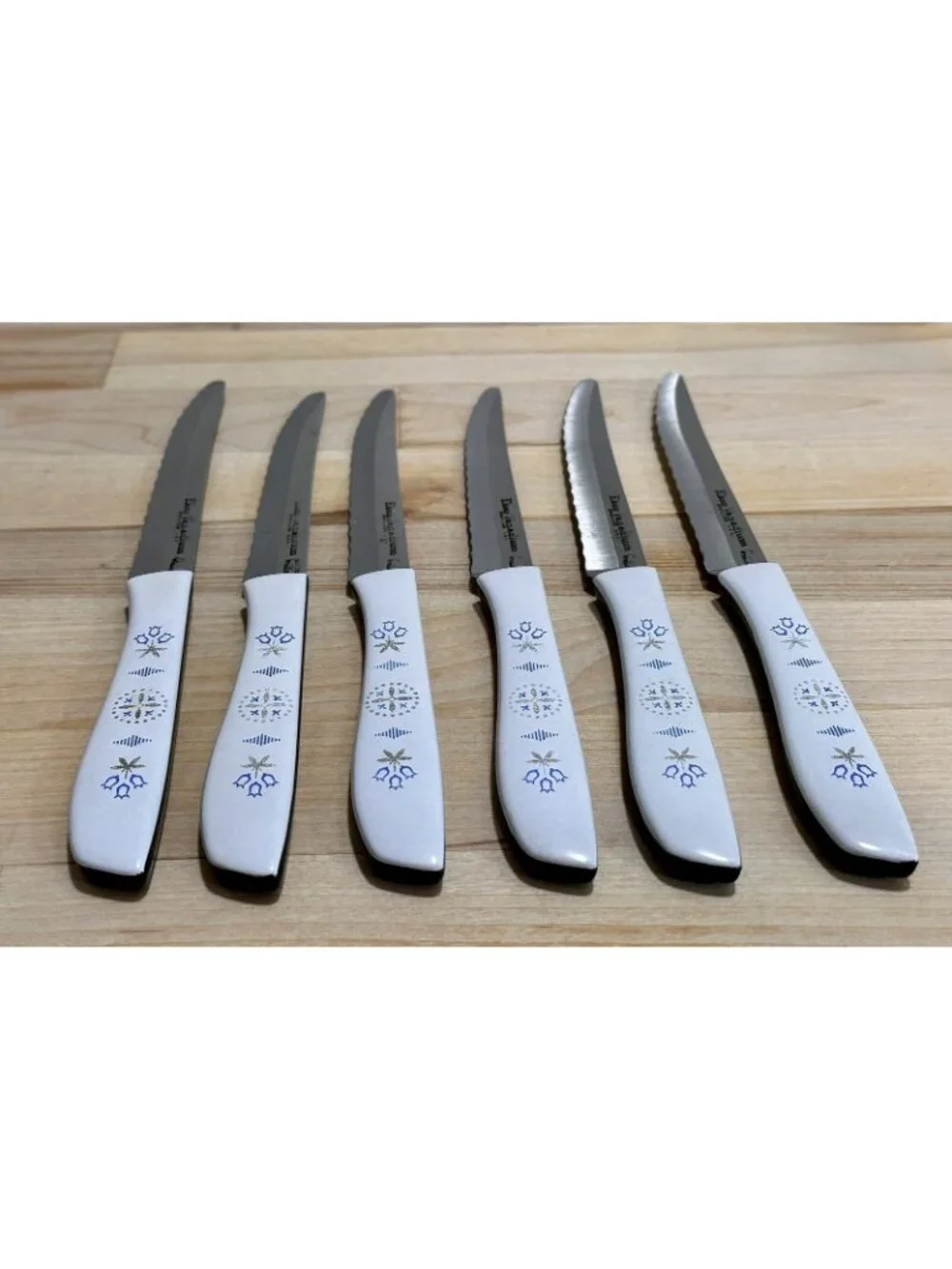 6 Vintage EKCO Vanadium Dutch Tulip Steak Knives USA Hollow Ground Set w Holder